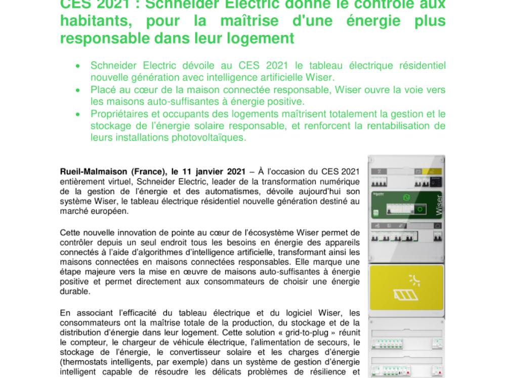 CES 2021 : Schneider Electric donne le contrôle aux habitants, pour la maîtrise d'une énergie plus responsable dans leur logement (.pdf)