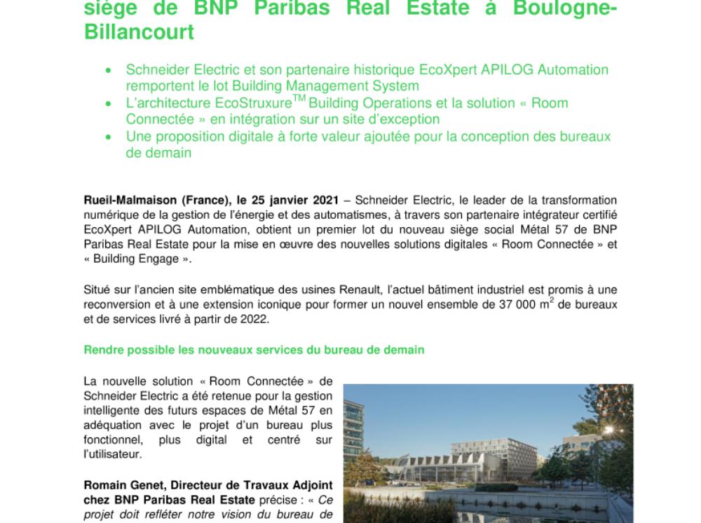 Schneider Electric digitalisera l’énergie du nouveau siège de BNP Paribas Real Estate à Boulogne-Billancourt (.pdf; Communiqué)