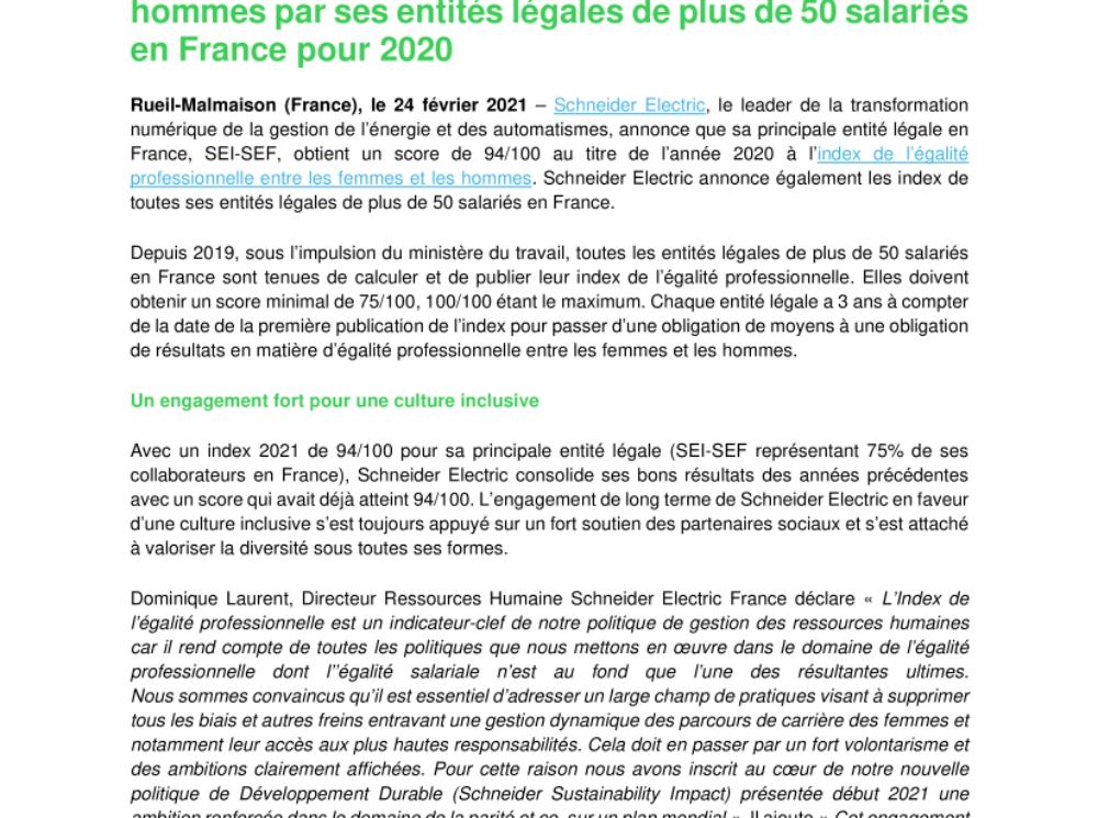 Schneider Electric publie les scores obtenus à l’Index de l’égalité professionnelle entre les femmes et les hommes par ses entités légales de plus de 50 salariés en France pour 2020 (.pdf)