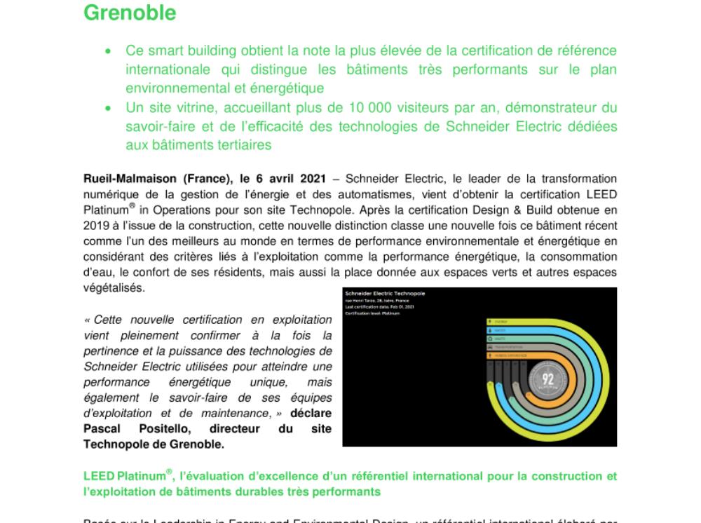 Schneider Electric obtient la certification LEED Platinum® in Operations pour son site Technopole à Grenoble(.pdf; Communiqué)
