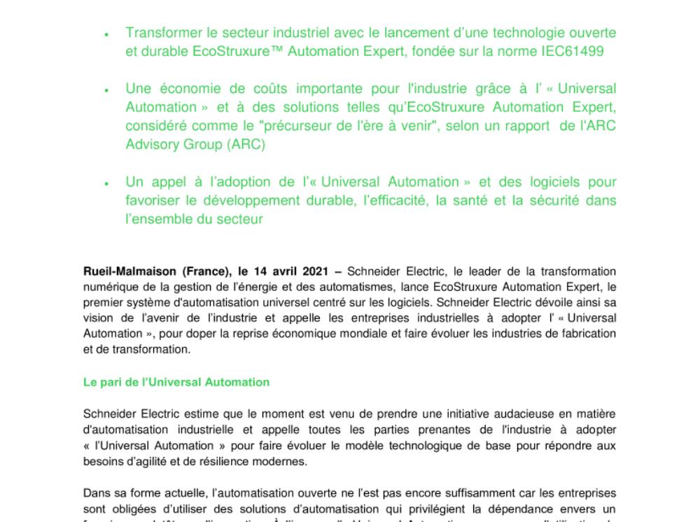 Schneider Electric appelle à transformer l’industrie avec l’« Universal Automation » (.pdf; Communiqué)