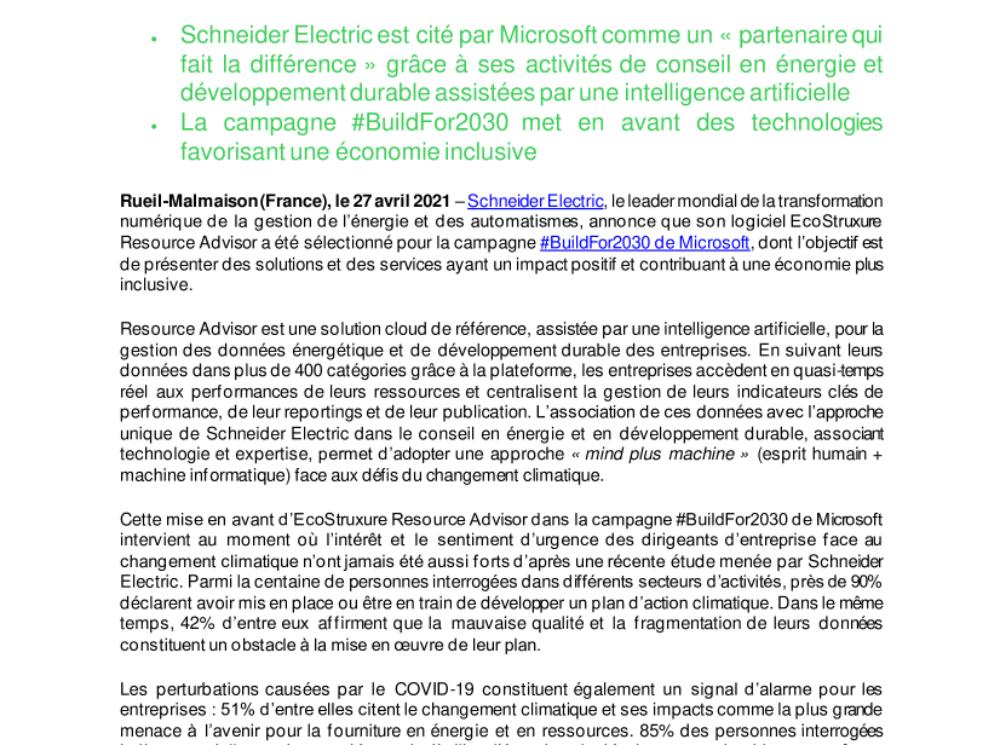 EcoStruxure Resource Advisor de Schneider Electric mis en avant par la campagne #BuildFor2030 de Microsoft (.pdf)
