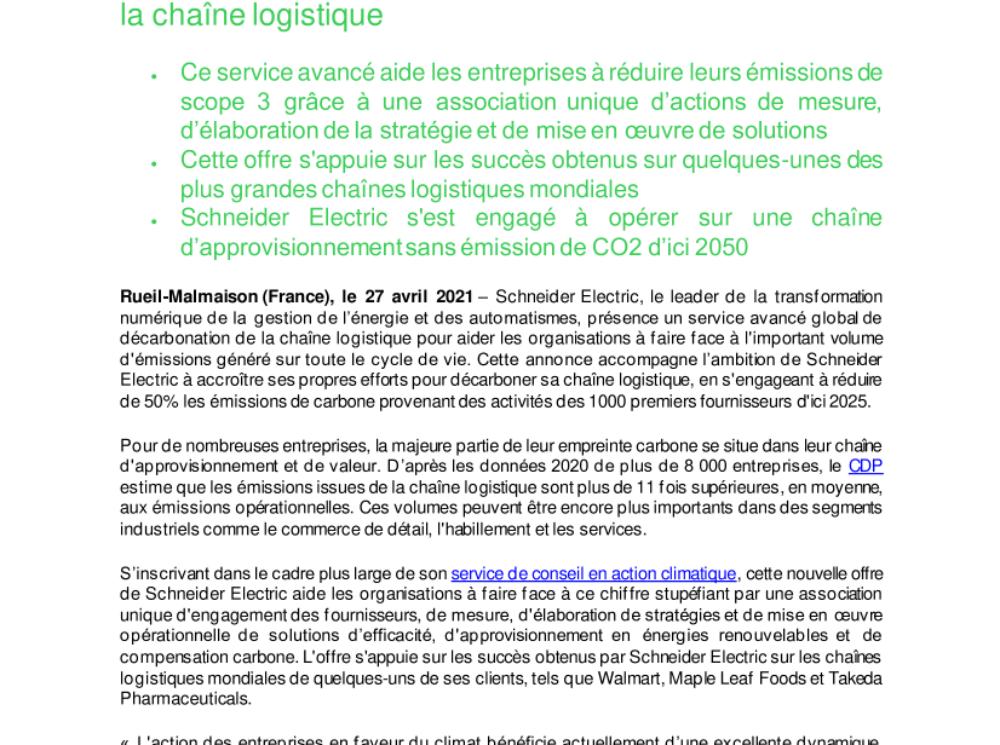 Schneider Electric fait progresser l'action des entreprises pour le climat avec un service global de décarbonation de la chaîne logistique (.pdf)