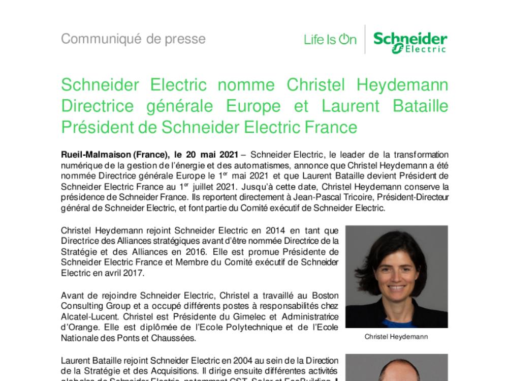 Schneider Electric nomme Christel Heydemann Directrice générale Europe et Laurent Bataille Président de Schneider Electric France (.pdf)