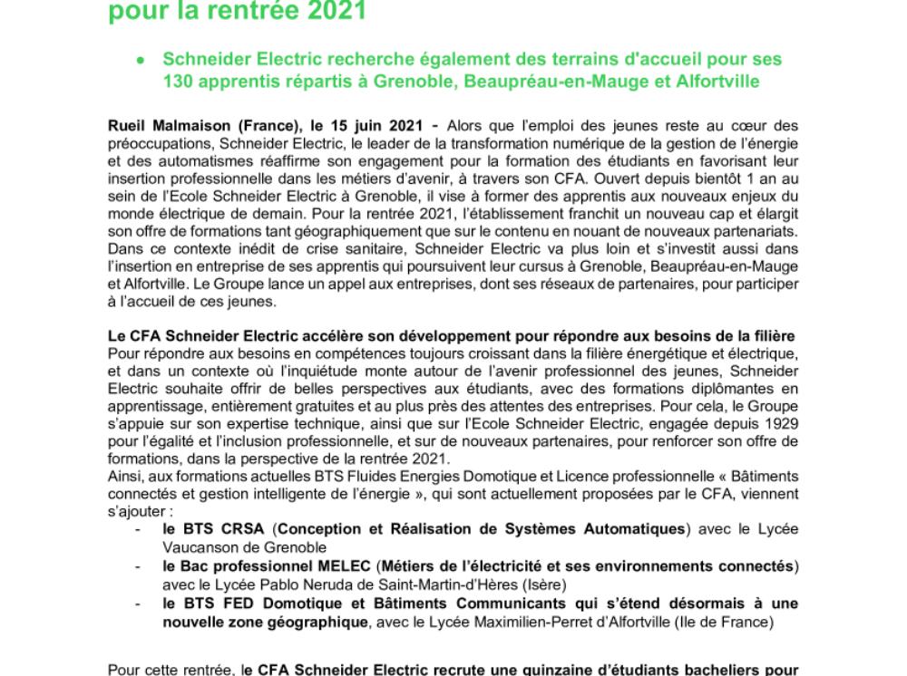 Le CFA Schneider Electric renforce son programme de formations et ouvre de nouvelles admissions pour la rentrée 2021 (.pdf)