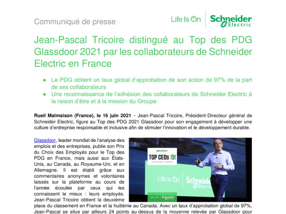 Jean-Pascal Tricoire distingué au Top des PDG Glassdoor 2021 par les collaborateurs de Schneider Electric en France (.pdf)