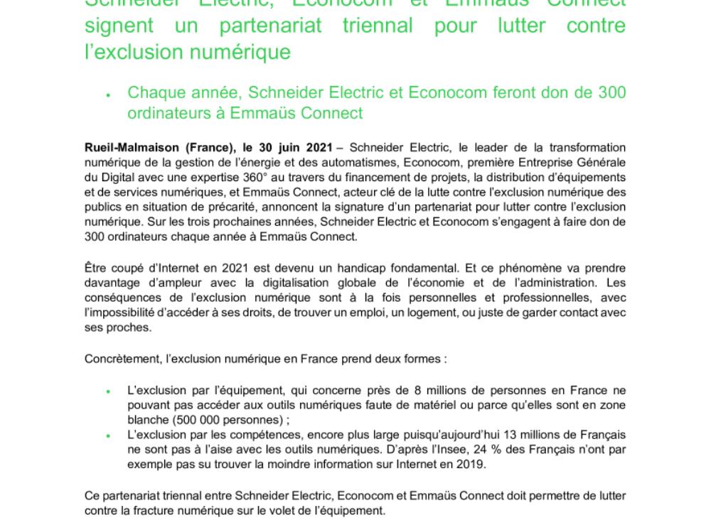 Schneider Electric, Econocom et Emmaüs Connect signent un partenariat triennal pour lutter contre l’exclusion numérique (.pdf)