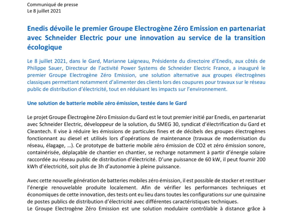 Enedis dévoile le premier Groupe Electrogène Zéro Emission en partenariat avec Schneider Electric pour une innovation au service de la transition écologique (.pdf)