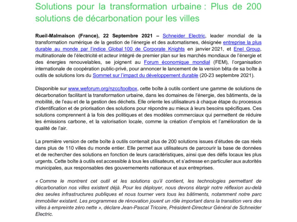 Enel et Schneider Electric se joignent au Forum Économique Mondial pour lancer la Boîte à Outils de Solutions pour la transformation urbaine : plus de 200 solutions de décarbonation pour les villes (.pdf)