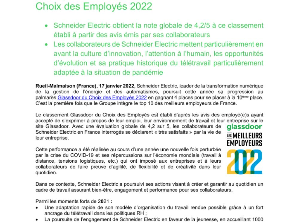 Schneider Electric intègre le top 10 des meilleurs employeurs de France au classement Glassdoor du Choix des Employés 2022 (.pdf)