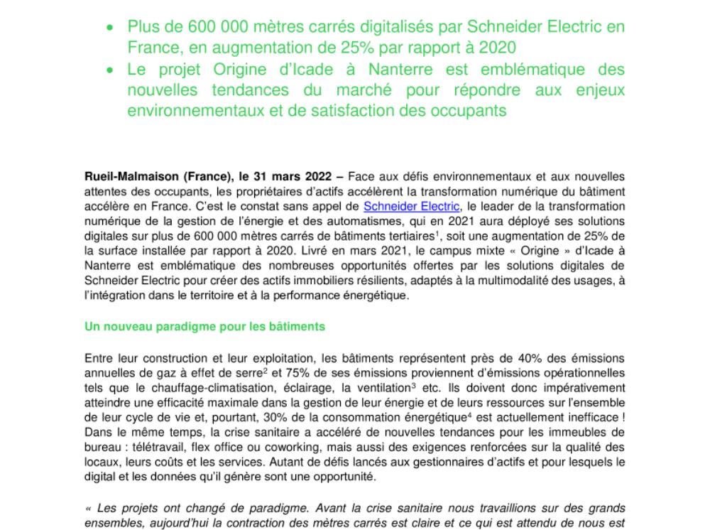 Schneider Electric accompagne le marché du bâtiment dans le boom de l’électrification et de la digitalisation (.pdf; Communiqué)