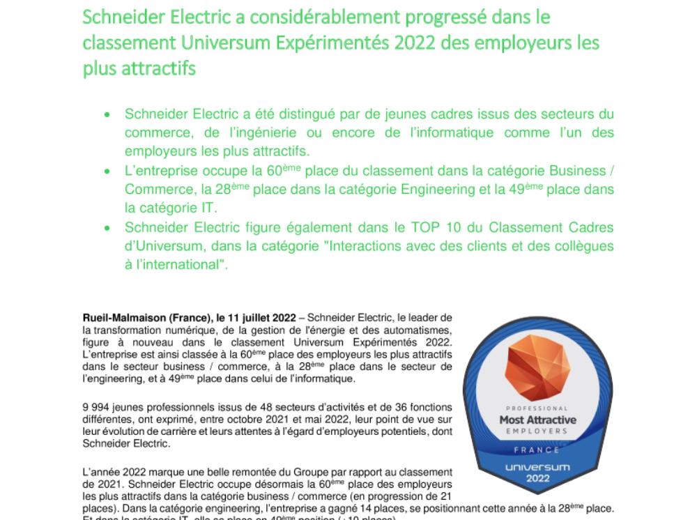 Schneider Electric a considérablement progressé dans le classement Universum Expérimentés 2022 des employeurs les plus attractifs (.pdf; Communiqué)