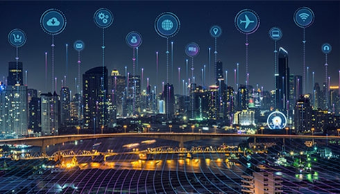 A city skyline with many icons