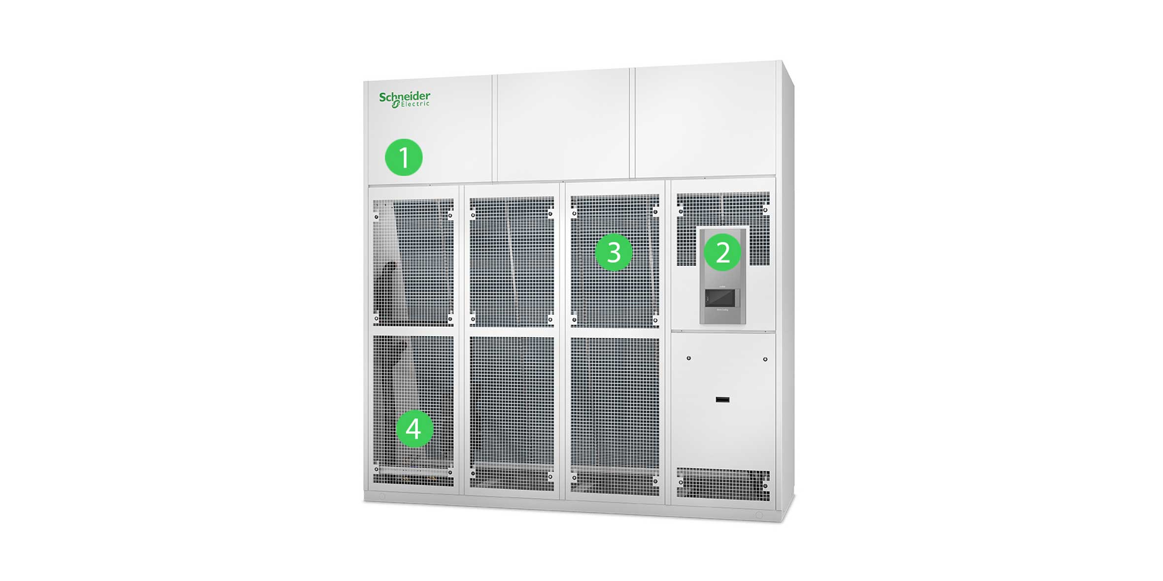 A white cabinet with green labels