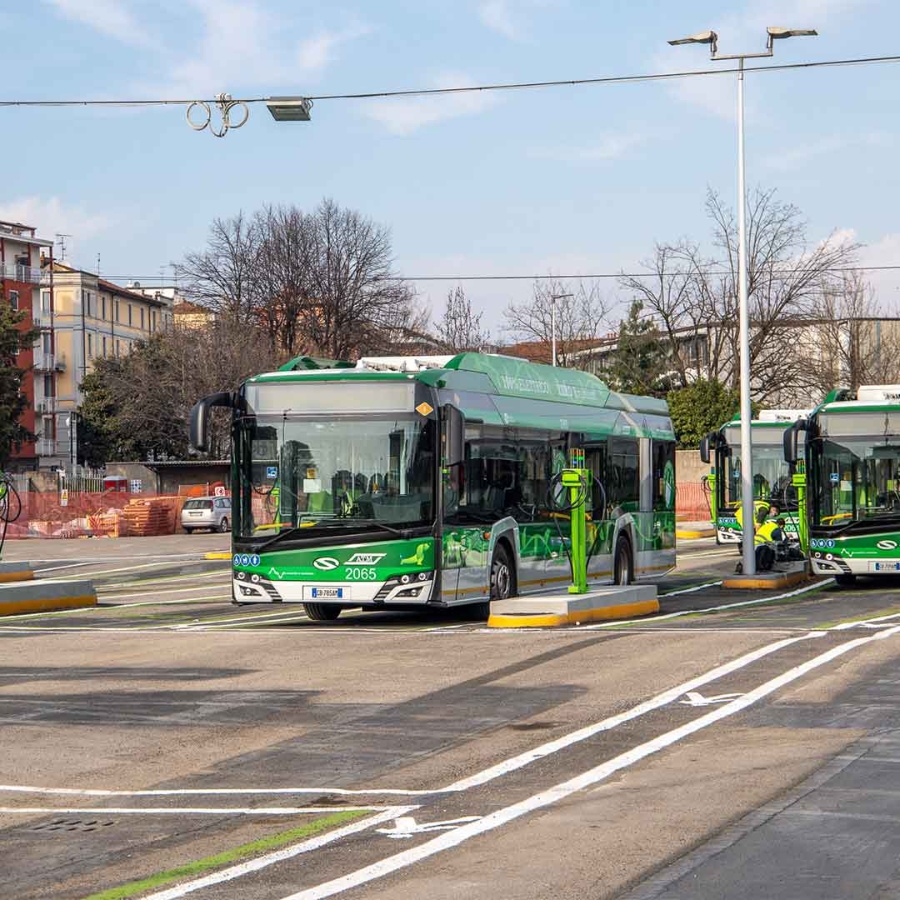 Electric buses on stop.
