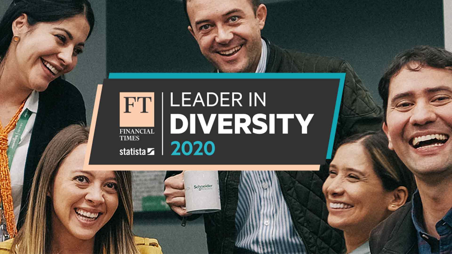 Financial Times Leader in Diversity Award 2020 logo overlay on an image of a employee group