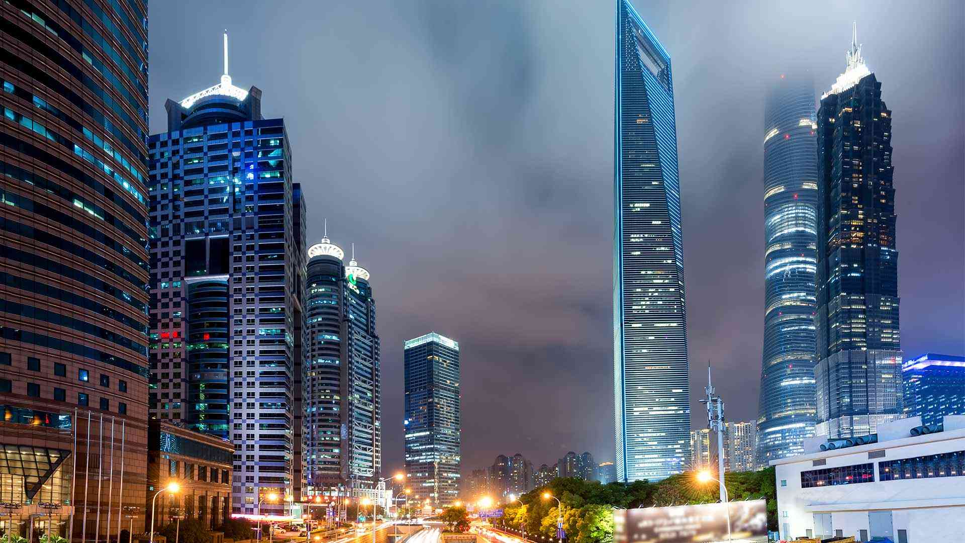 The high rise towers in a city at night