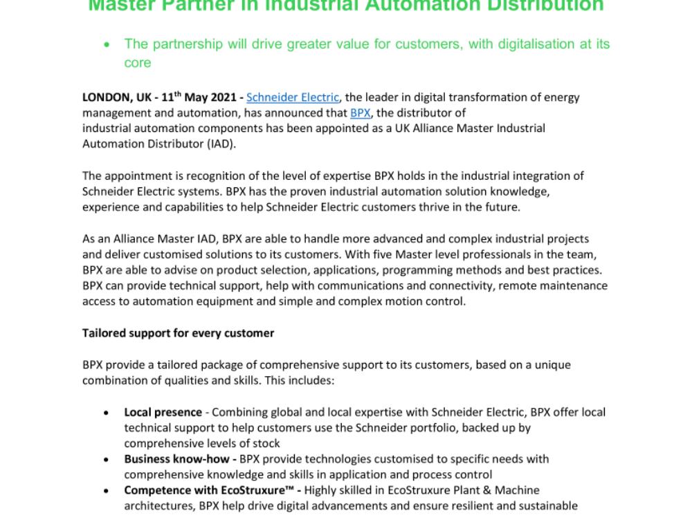 20210511_BPX Appointed as Schneider Electric Alliance Master Partner in Industrial Automation Distribution.pdf