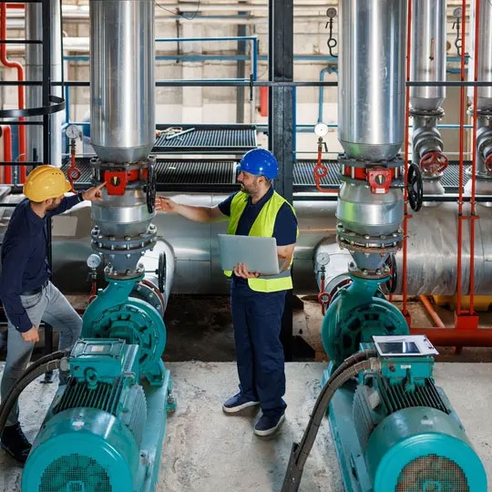 Two male are looking at a pipe system of a heating plant.