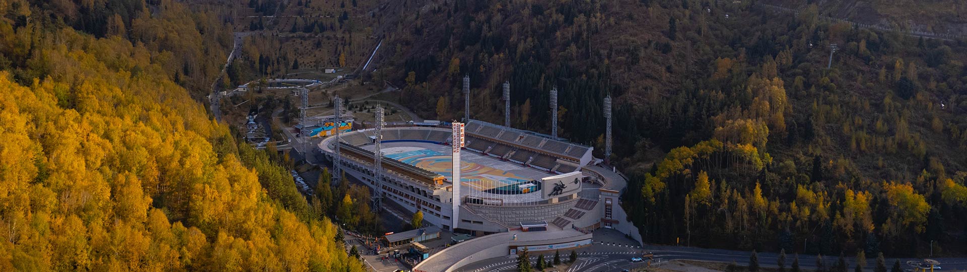 Aerial view of stadium situated in a valley