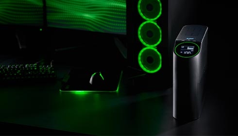 A computer with green lights