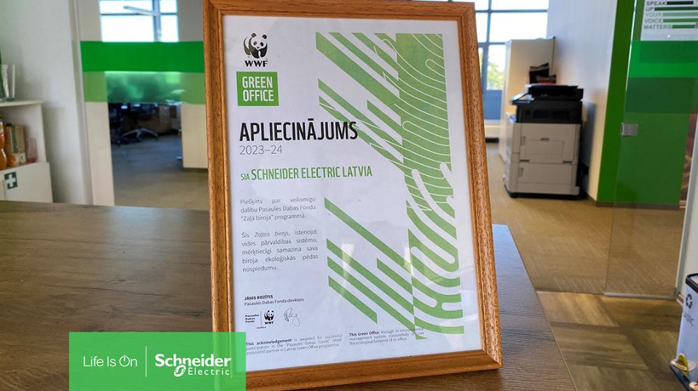 Schneider Electric Latvija atjauno Pasaules Dabas Fonda Zaļā biroja sertifikāciju