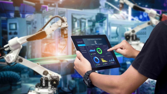 Man using Tablet connected with robots automation