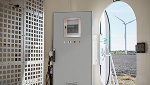 A grey rectangular door with buttons and a window