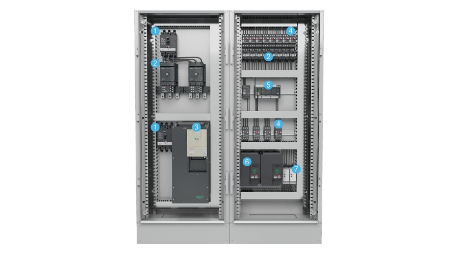 A grey cabinet with many switches and wires