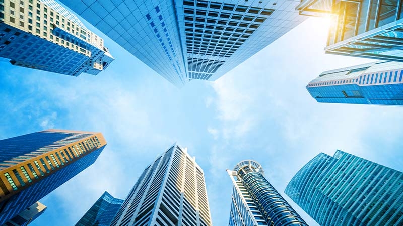 Looking up view of tall buildings