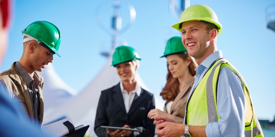 cheerful engineers smiling