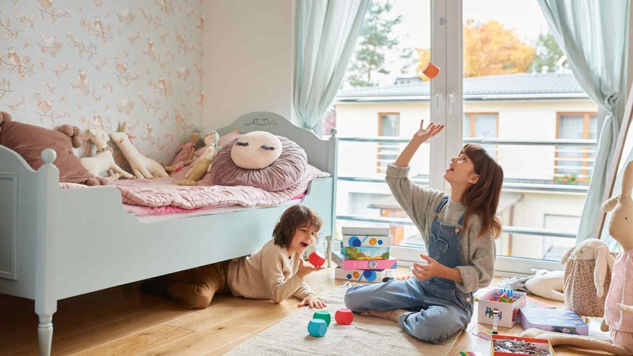 Kids playing in rooms with toys