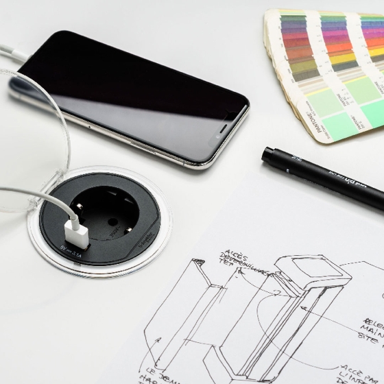 Socket and USB A for mounting in a table or worktop