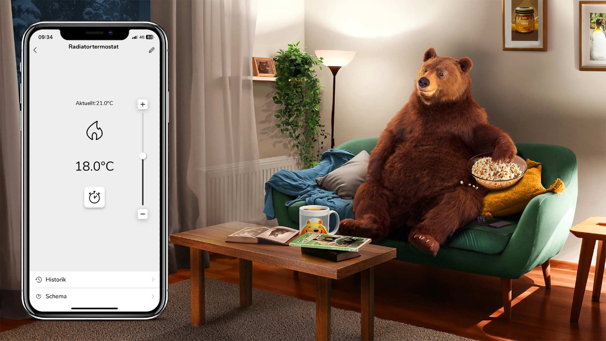 Bear sitting on couch with montage of mobile app screen shot