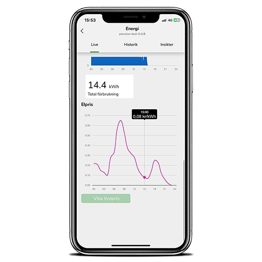 View of mobile phone with Wiser app showing energy consumption