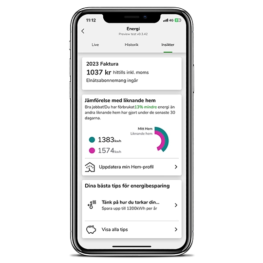 View of mobile phone with Wiser app showing energy invoicing and comparison to other homes