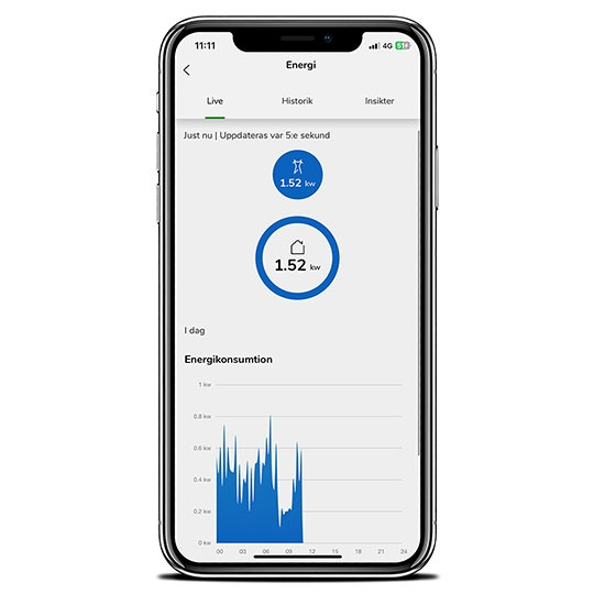 View of mobile phone with Wiser app showing energy consumption in a graph
