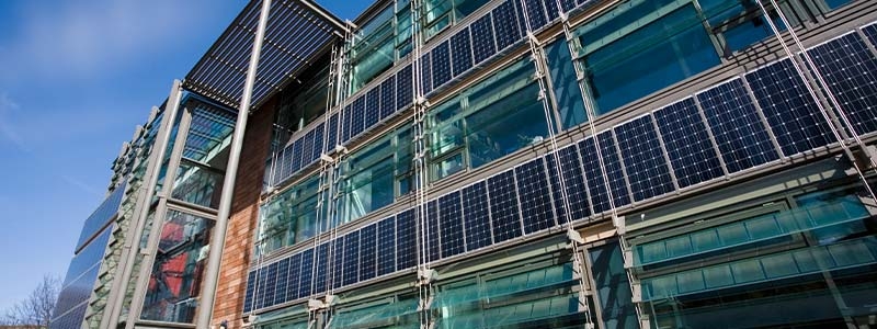 A building with solar panels