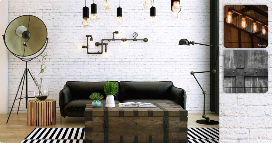 Room designed intentionally to have unfinished walls such as brick walls. Use of dark colors to achieve a rugged and worn out look