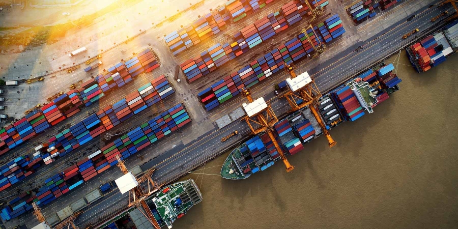 Aerial view of shipping container depot
