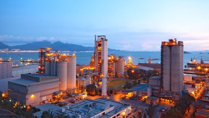 A factory with many towers and buildings