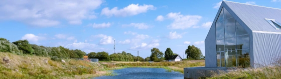A body of water with trees and a house in the background