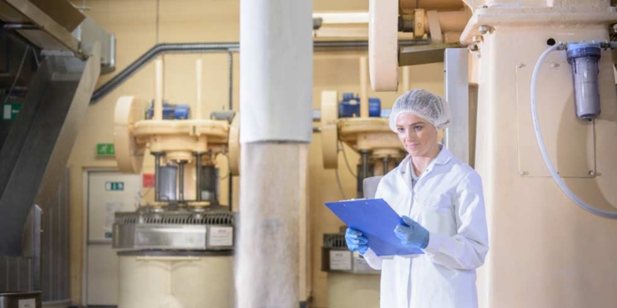 Biscuit factory worker inspecting bulk amounts of ingredients, sustainability reporting, food and beverage.