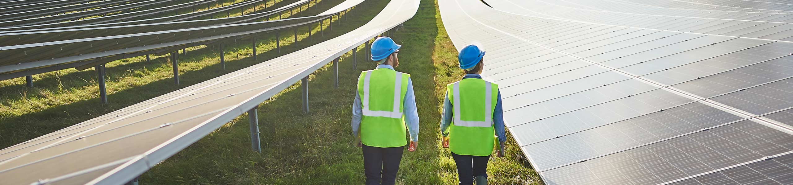 a male and female engineer inspect panels on solar farm.