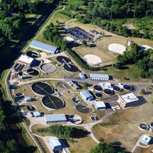Aerial View Of Water Treatment Plant In Dekalb Illinois, water management.