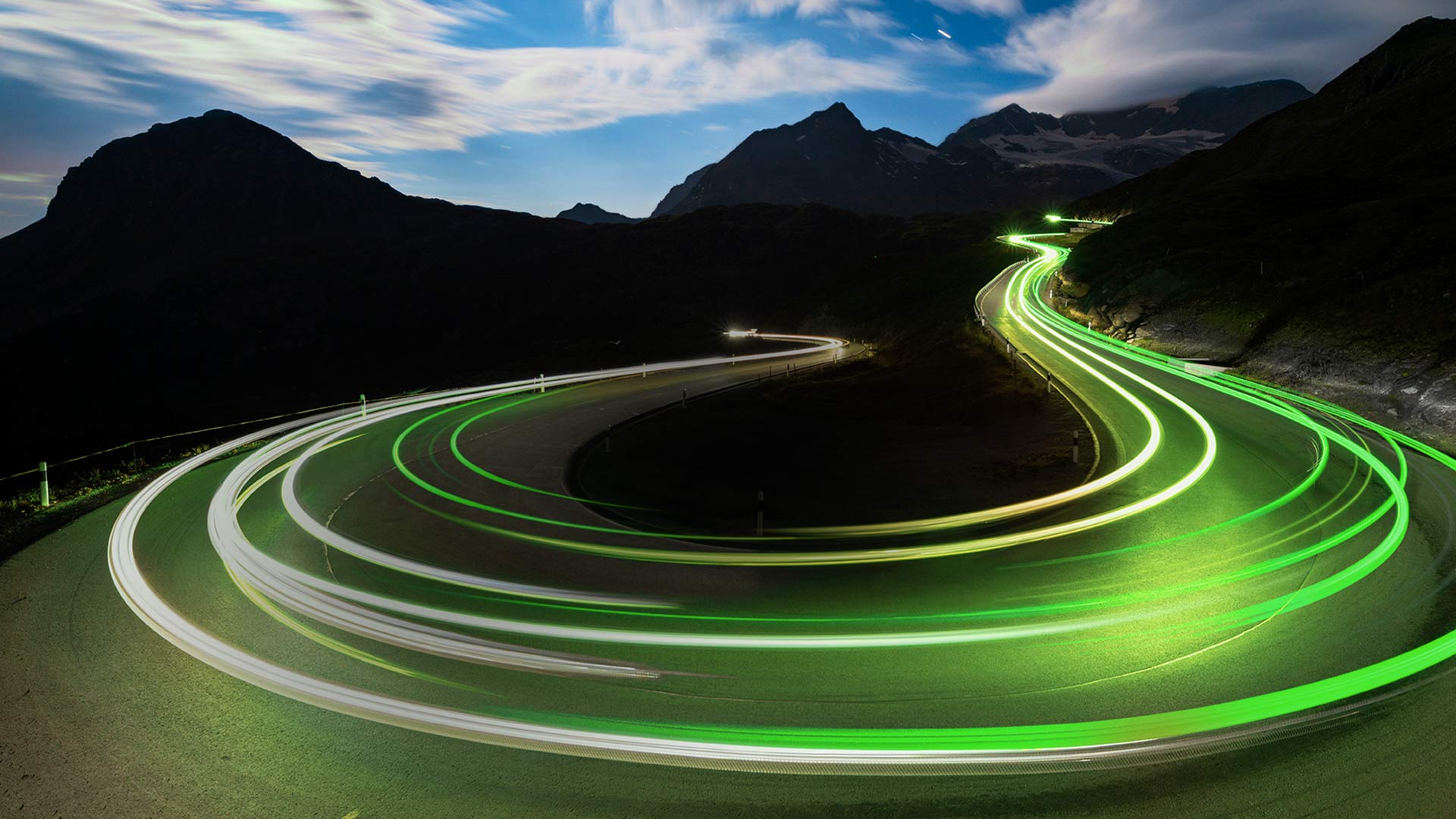 Light trails on a mountain road