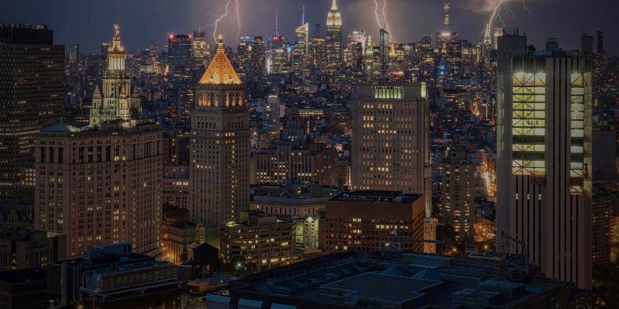 a view of city during a lightning storm