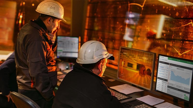 Men wearing hard hats and looking at a computer