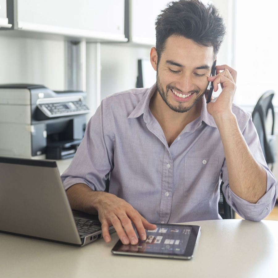 Man on call smiling