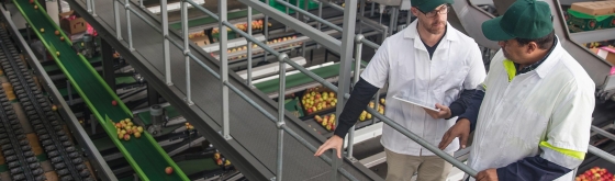 Two men interacting at a food processing factory